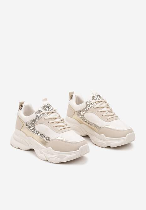 Beżowe Sneakersy na Platformie z Tłoczeniem Ozdobione Cekinami Narisae