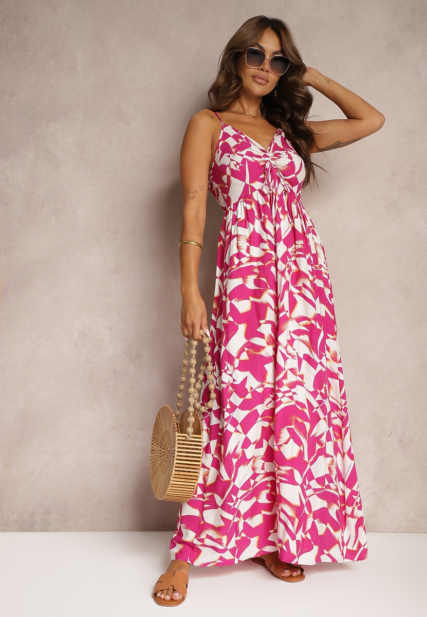 Niebiesko-Biała Wiskozowa Sukienka na Ramiączkach o Taliowanym Kroju Athelea