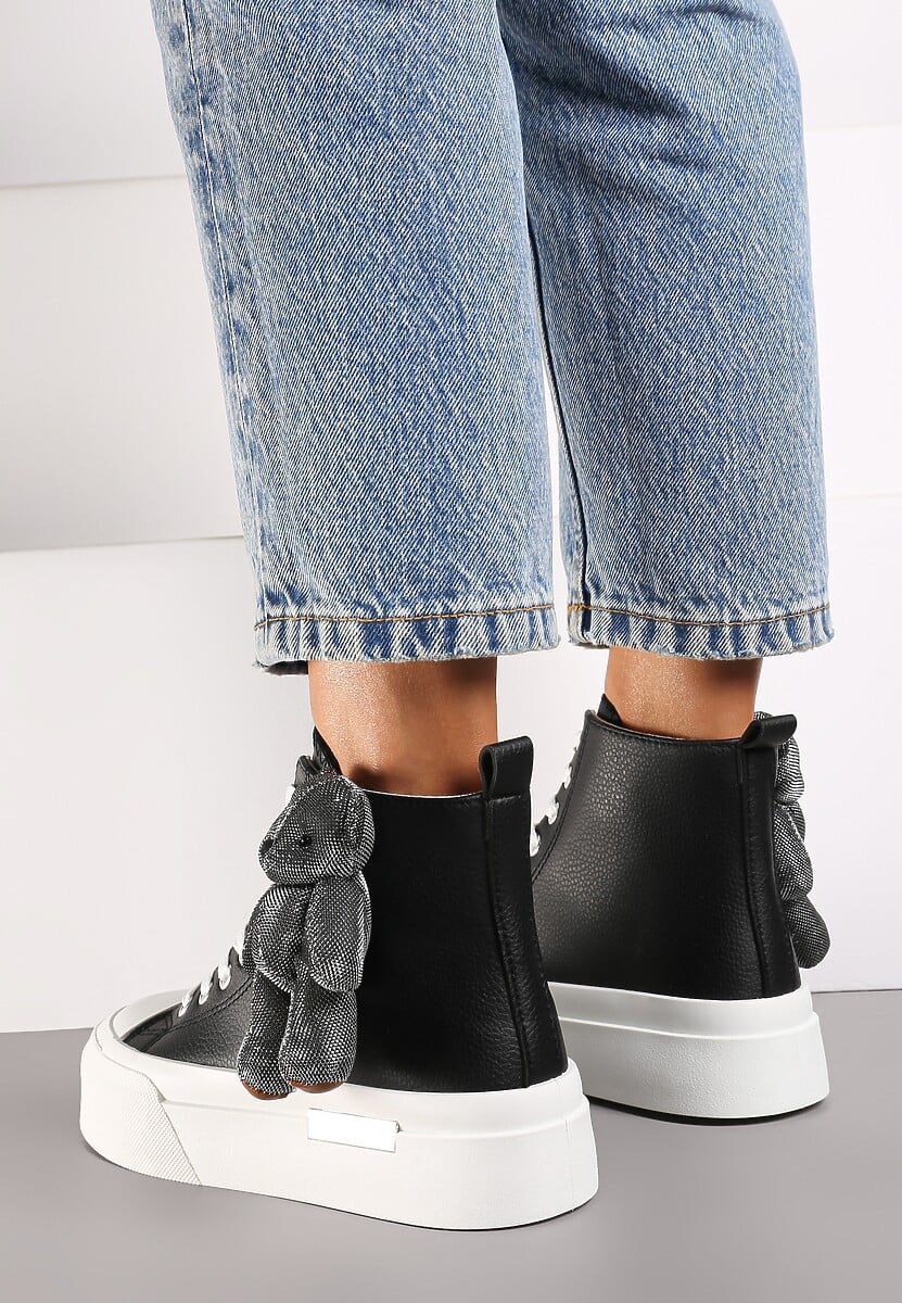 Czarne Trampki za Kostkę na Grubej Podeszwie z Aplikacją w Kształcie Misia Ivarina