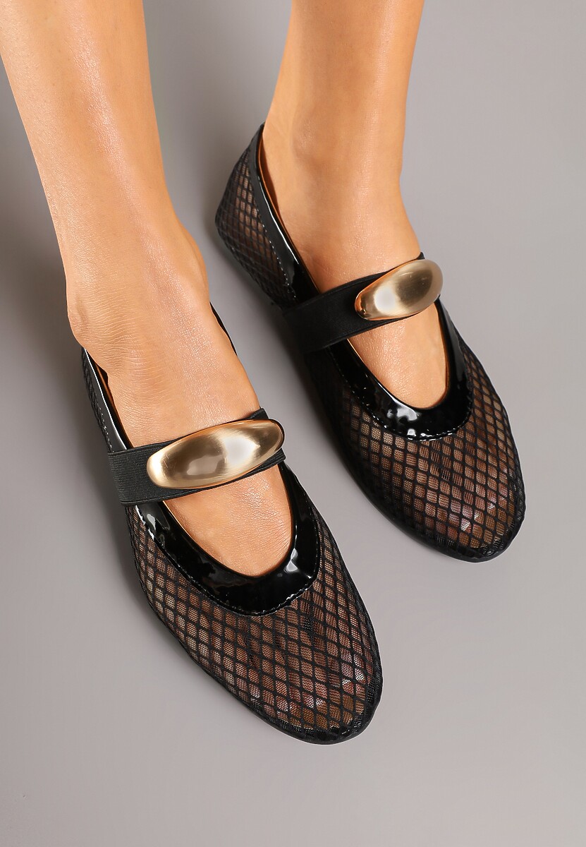 Czarne Balerinki z Siateczkową Cholewką i Metaliczną Aplikacją Tathelisa