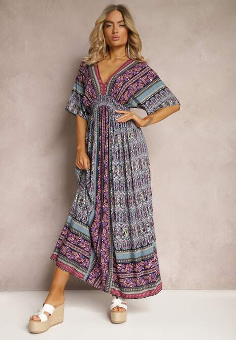 Fioletowo-Niebieska Sukienka w Stylu Etnicznym z Gumką w Pasie Wiązana na Plecach Lixara