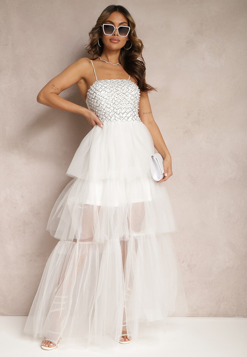 Beżowa Wieczorowa Sukienka Maxi Ozdobiona Cekinami i Falbankami z Tiulu Neptina