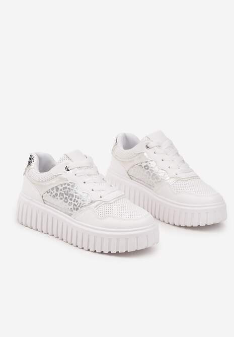 Białe Sneakersy na Platformie z Tłoczeniami Zdobione Panterkowym Printem Herraza