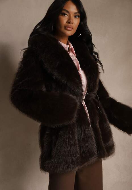 Brązowa Klasyczna Kurtka Futerko z Wąskim Wiązanym Paskiem w Talii Casfitta