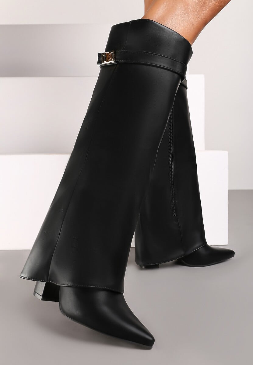 Brązowe Kozaki na Obcasie z Modnie Wywiniętą Cholewką Nartani