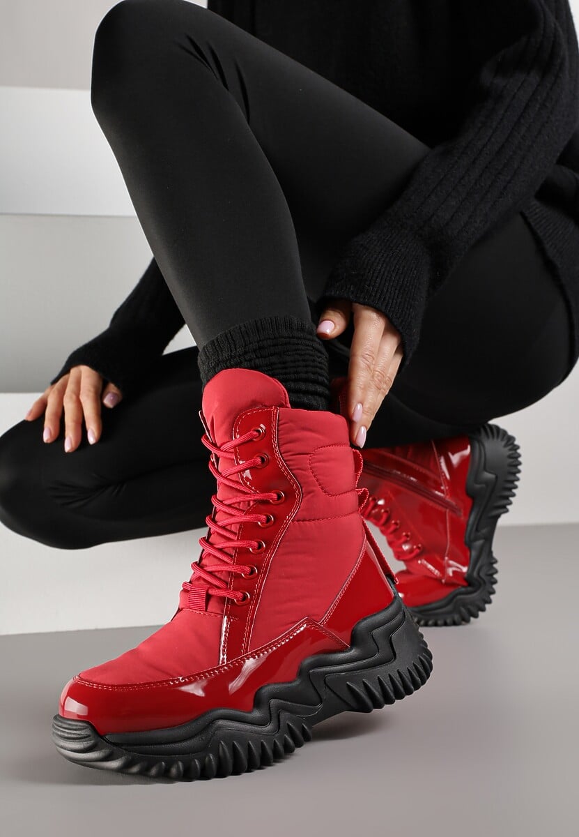 Czerwone Śniegowce VICES ze Sznurowaną Cholewką i Tłoczoną Platformą Reinavia