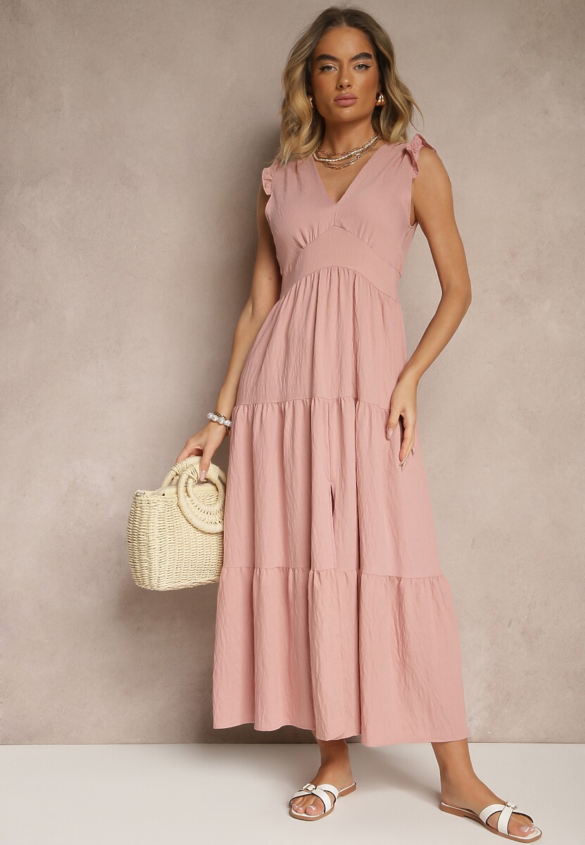 Różowa Sukienka z Wiskozy Ozdobiona Falbankami Sadovene