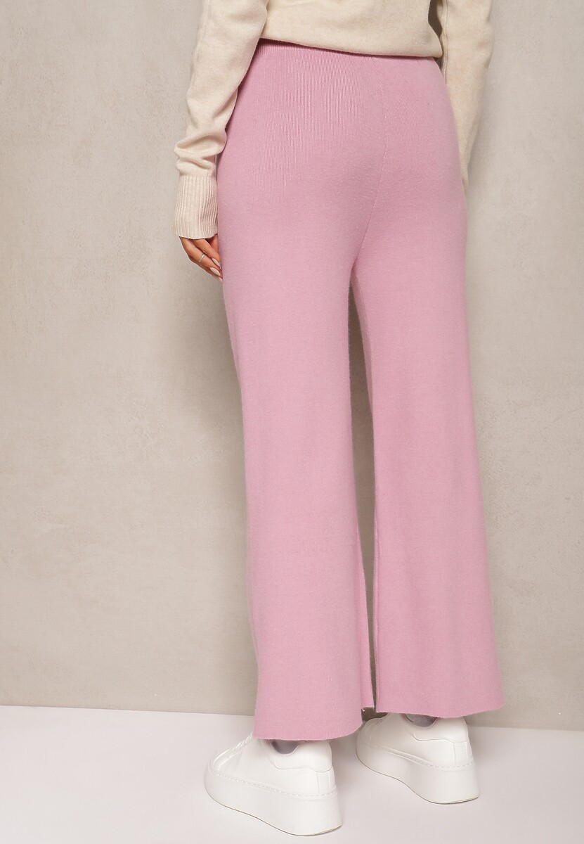 Różowe Spodnie o Szerokim Kroju High Waist z Cyrkoniami i Gumką w Pasie Loreitha