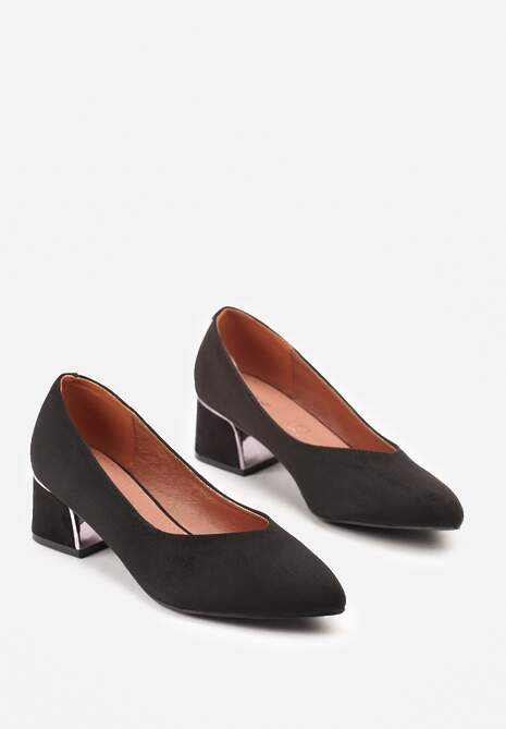 Czarne Czółenka Vices na Słupku z Imitacji Zamszu z Wkładką ze Skóry Naturalnej z Metaliczną Ozdobą Mixin