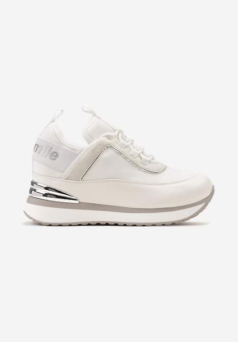 Białe Sneakersy z Metaliczną Wstawką i Ozdobnym Napisem na Ukrytym Koturnie Alivewna