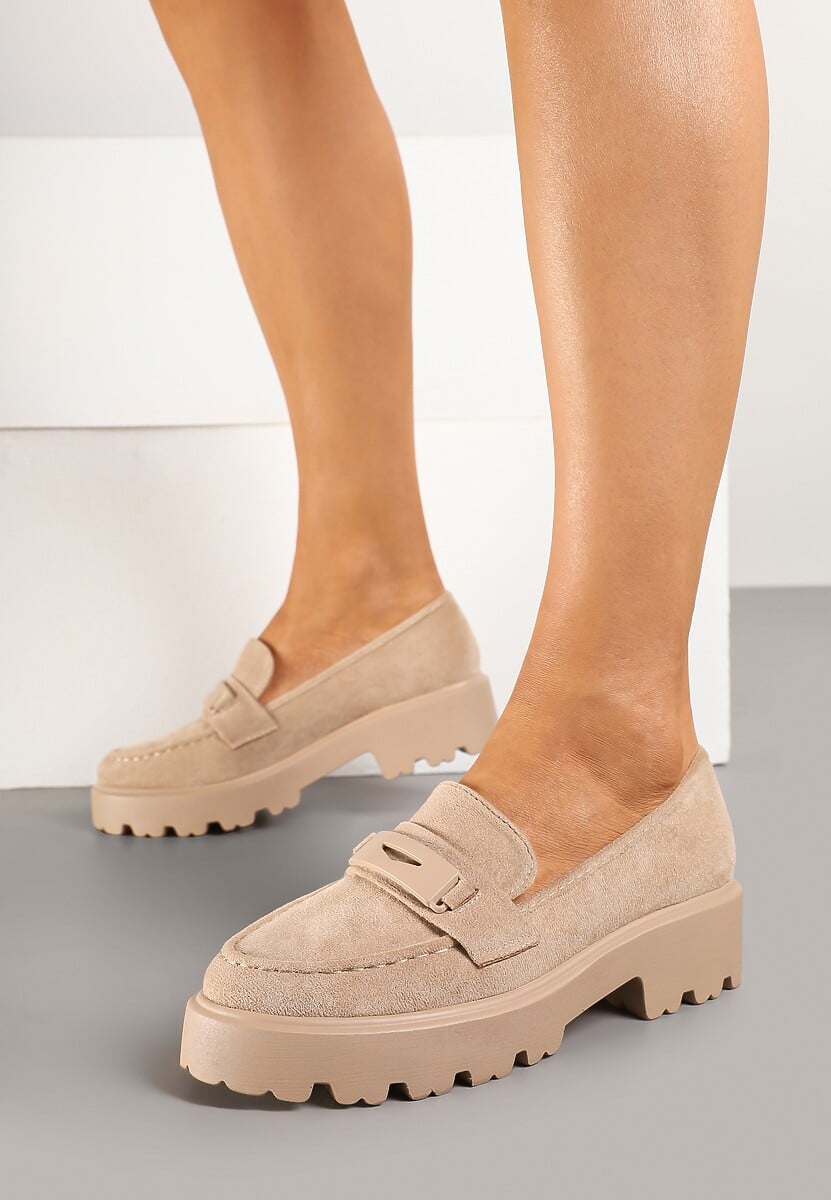 Beżowe Mokasyny na Grubej Podeszwie z Cholewką z Przeszyciami Hamaira