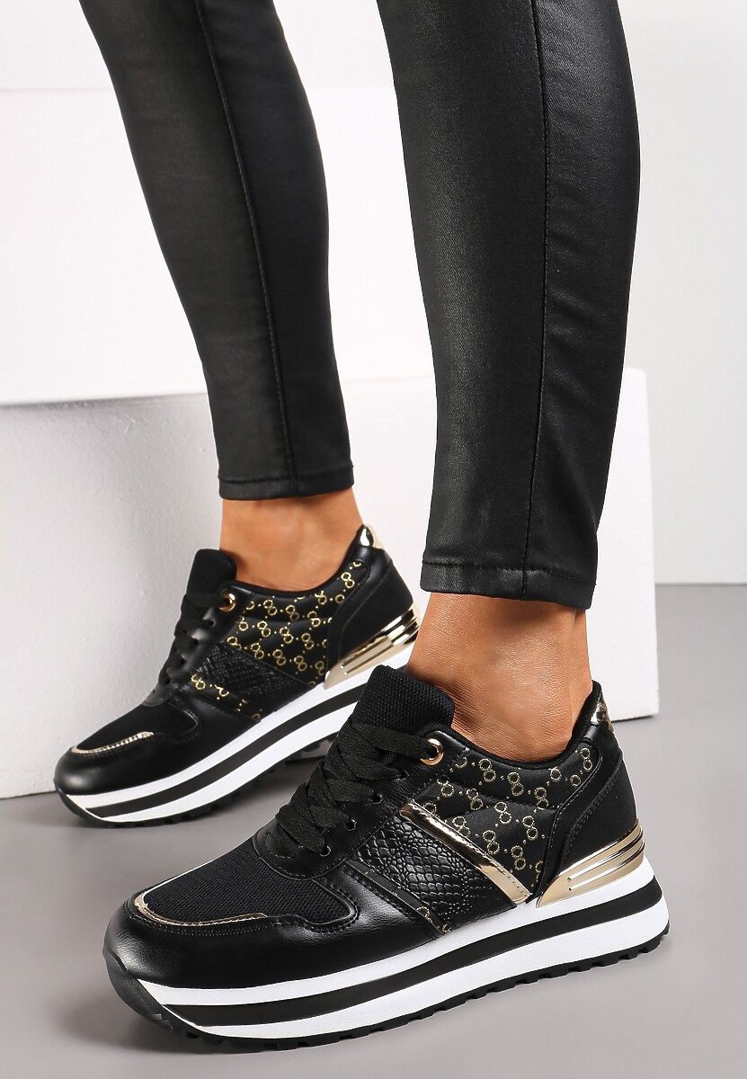 Czarne Sneakersy na Podeszwie z Pianki ze Sznurowaniem i Błyszczącymi Detalami Weline