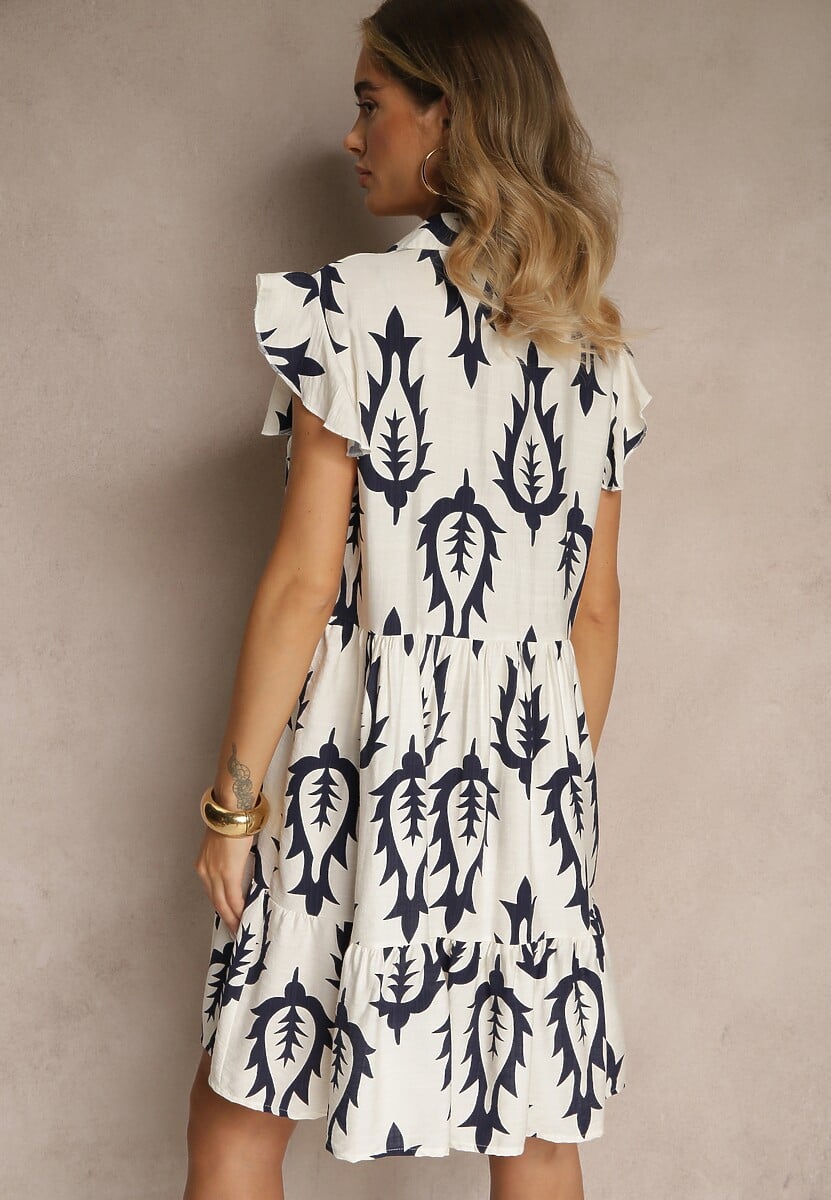 Biało-Granatowa Koszulowa Sukienka z Lnem i Wiskozą o Rozkloszowanym Kroju Aranese