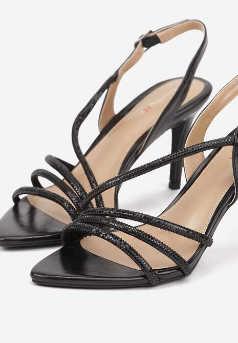 Czarne Cyrkoniowe Sandały na Obcasie Typu Szpilka Kalefera