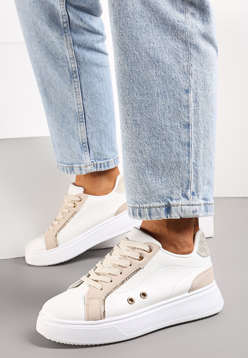 Biało-Beżowe Sneakersy z Metalicznymi Wstawkami na Grubej Podeszwie Amoone