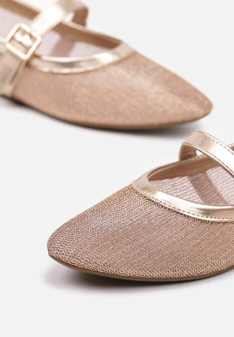 Szampańskie Balerinki Vices w Stylu Mary Jane z Siateczki z Metalicznym Połyskiem Kolarilia