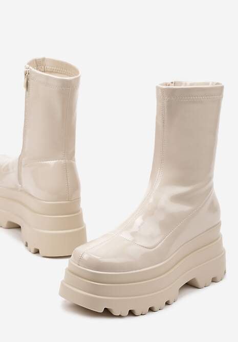 Beżowe Botki Lakierowane na Platformie Neniefra