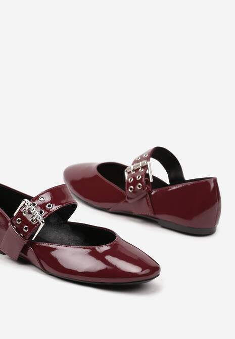 Bordowe Lakierowane Balerinki z Paskiem Zapinanym na Dużą Klamrę Tastia
