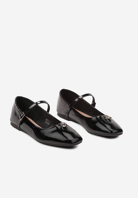 Czarne Balerinki Ozdobione Aplikacją Owada z Paskiem i Sprzączką Nevisola