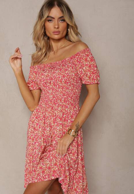 Fuksjowa Rozkloszowana Sukienka Bawełniana w Kwiaty z Hiszpańskim Dekoltem Xallona