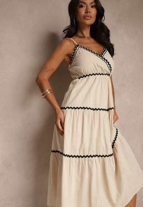 Beżowa Sukienka z Bawełny Ozdobiona Metaliczną Nicią Saraleza