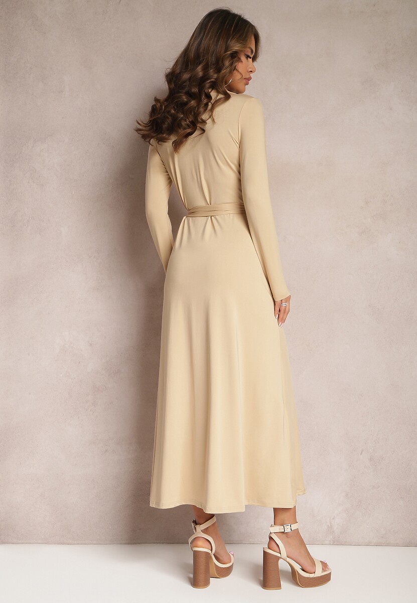 Beżowa Sukienka Kopertowa Wiązana w Pasie z Kołnierzykiem Vazhi