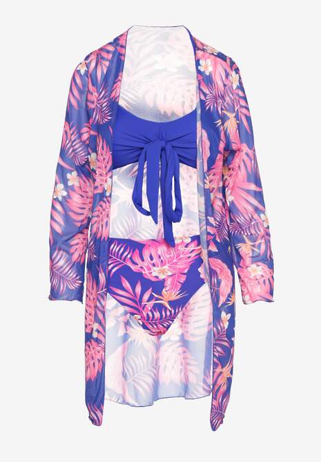 Niebiesko-Różowe Bikini Biustonosz z Wiązaniem i Figi z Dodatkową Siateczkową Narzutką Zarionea