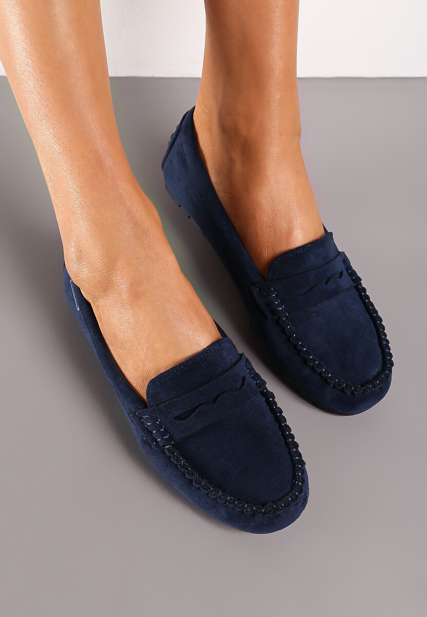 Granatowe Płaskie Mokasyny o Klasycznym Fasonie z Przeszyciem Wenniva