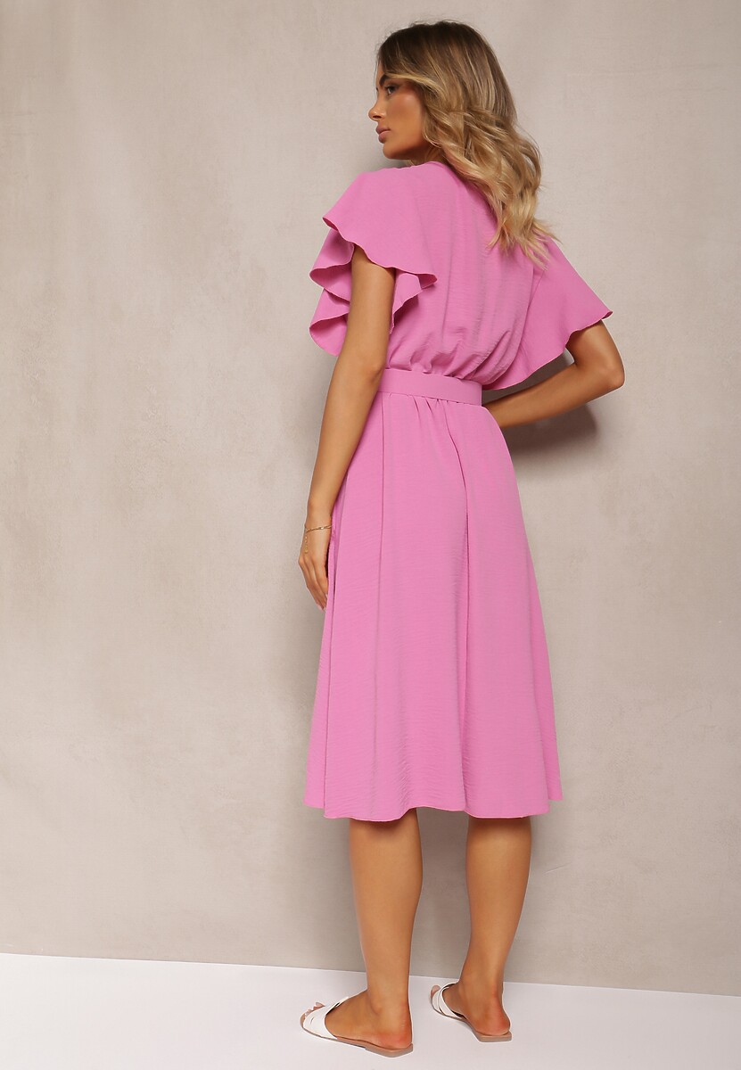 Różowa Rozkloszowana Sukienka z Paskiem i Kopertowym Dekoltem Brinea