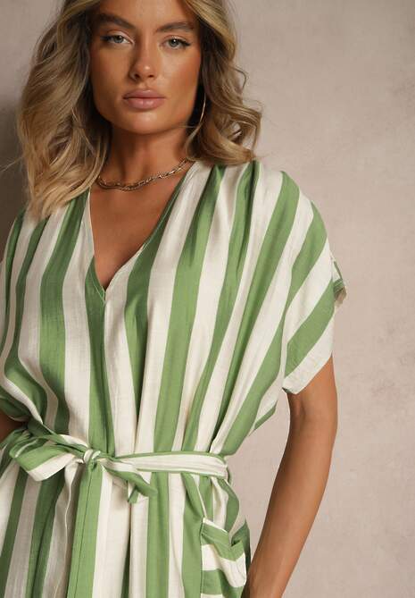 Zielona Pudełkowa Sukienka z Wiskozą z Motywem Pasków i Wiązaniem Lumierae