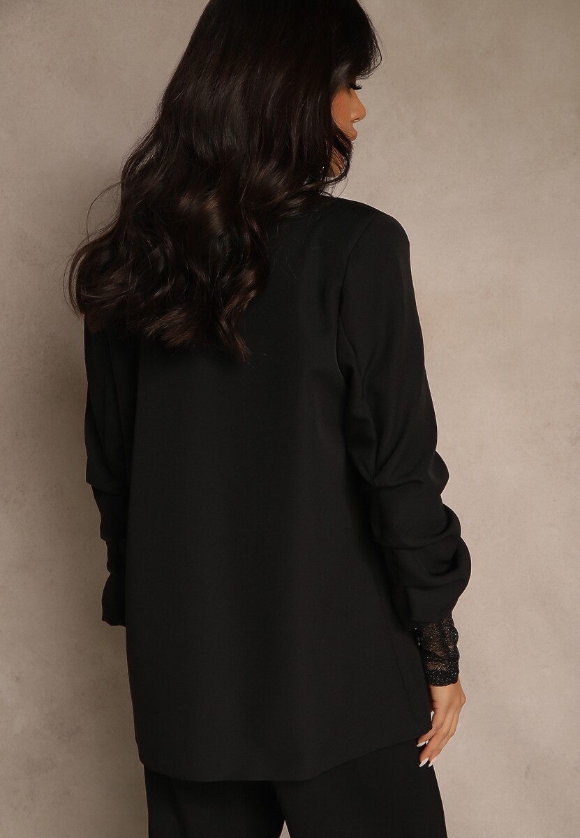 Czarna Pudełkowa Marynarka Bez Zapięć z Wiskozą z Marszczonymi Rękawami Fenidia