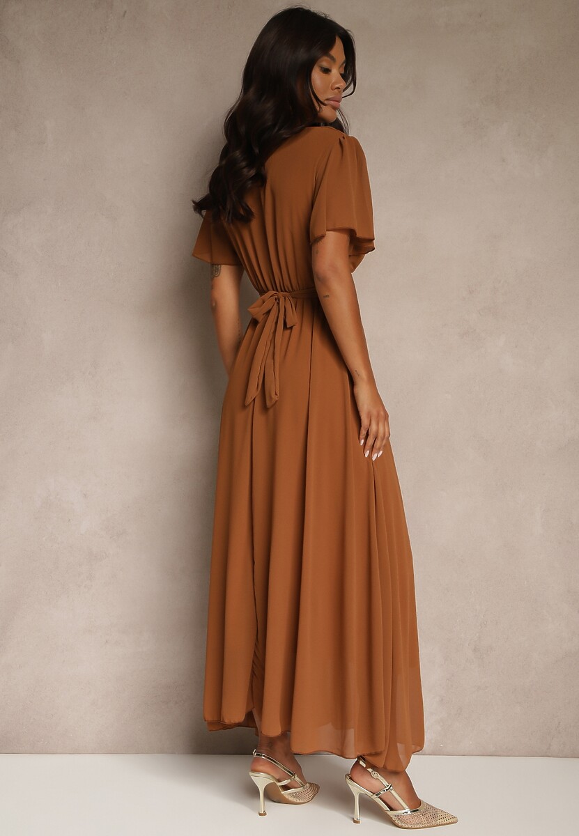 Brązowa Rozkloszowana Sukienka z Kopertowym Dekoltem Obillis