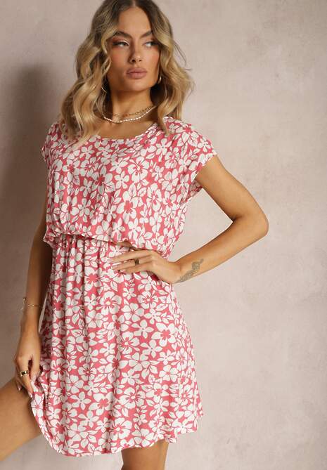 Różowa Kwiecista Sukienka z Krótkim Rękawem i Gumką w Talii Euremia