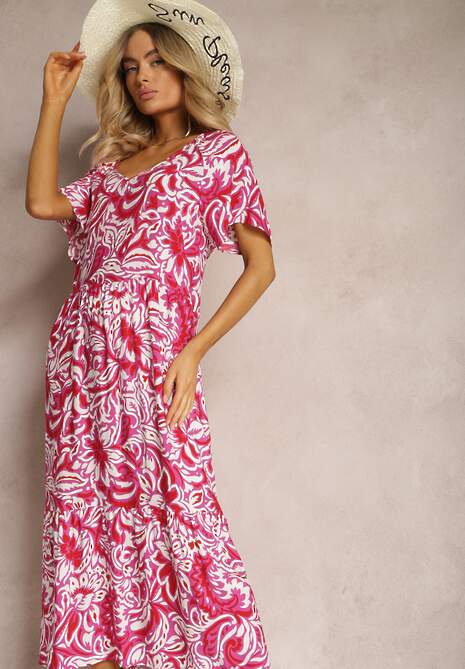 Różowa Sukienka z Wiskozy Zdobiona Falbankami z Krótkim Rękawem Danibella