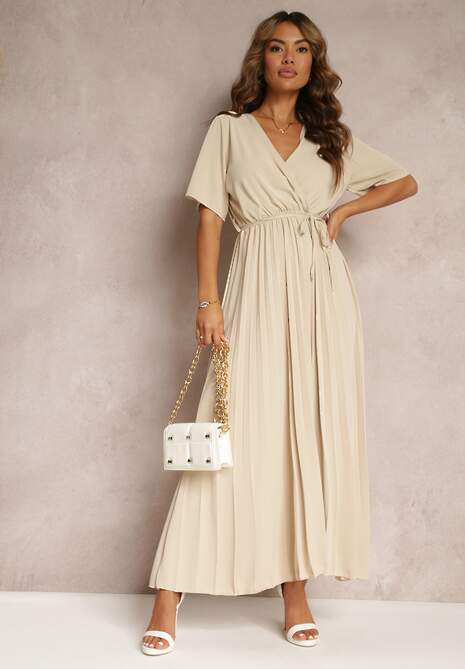 Beżowa Rozkloszowana Sukienka Plisowana z Wiązanym Paskiem Eilemona