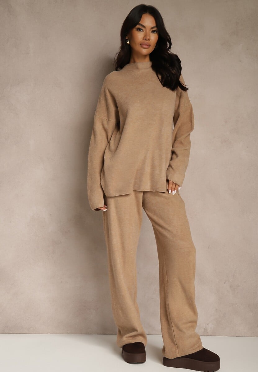 Szary Komplet Oversize z Dzianiny z Wełną Sweter i Szerokie Spodnie Alenria