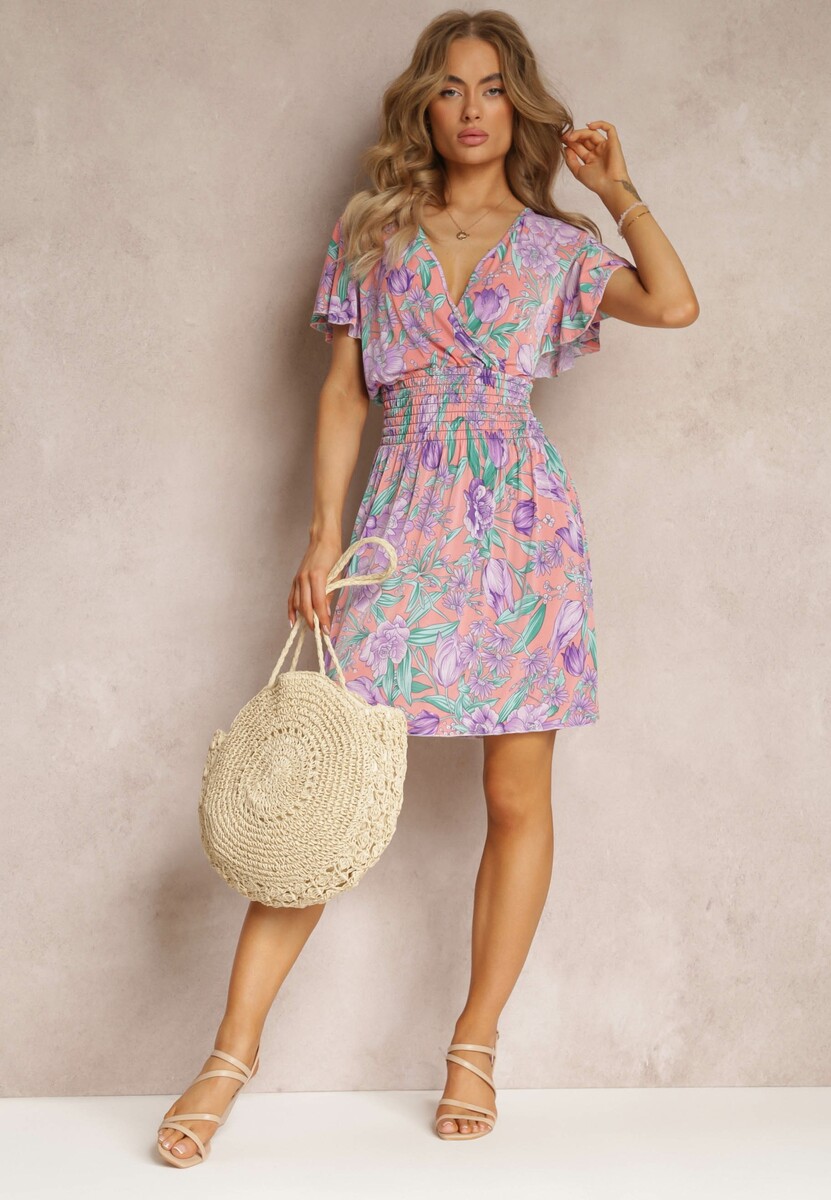 Jasnoróżowa Kopertowa Sukienka Mini w Kwiaty z Szeroką Gumką w Talii Pellianne