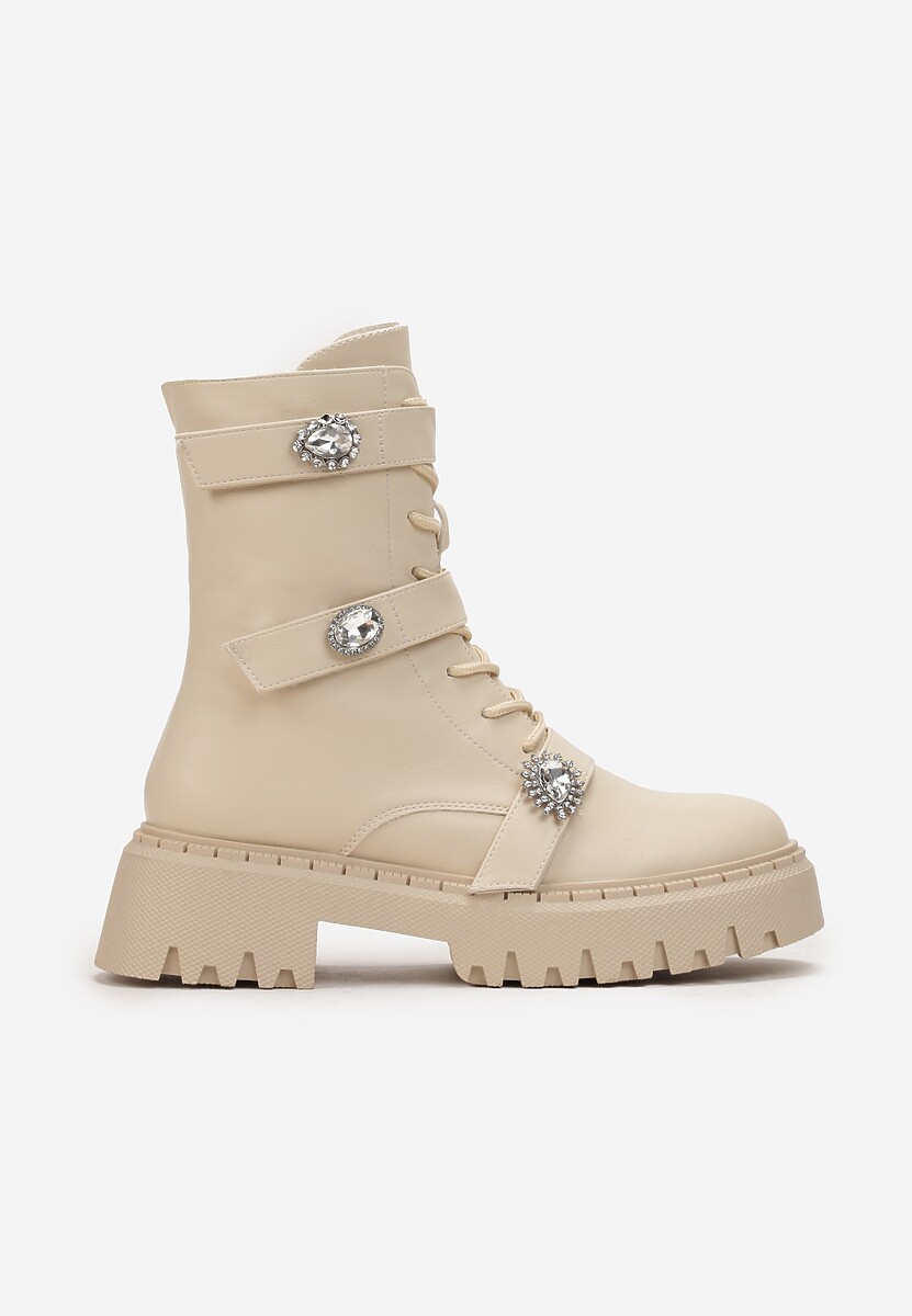 Beżowe Workery Botki z Rzepami Ozdobione Klamerkami z Cyrkonami Sotina