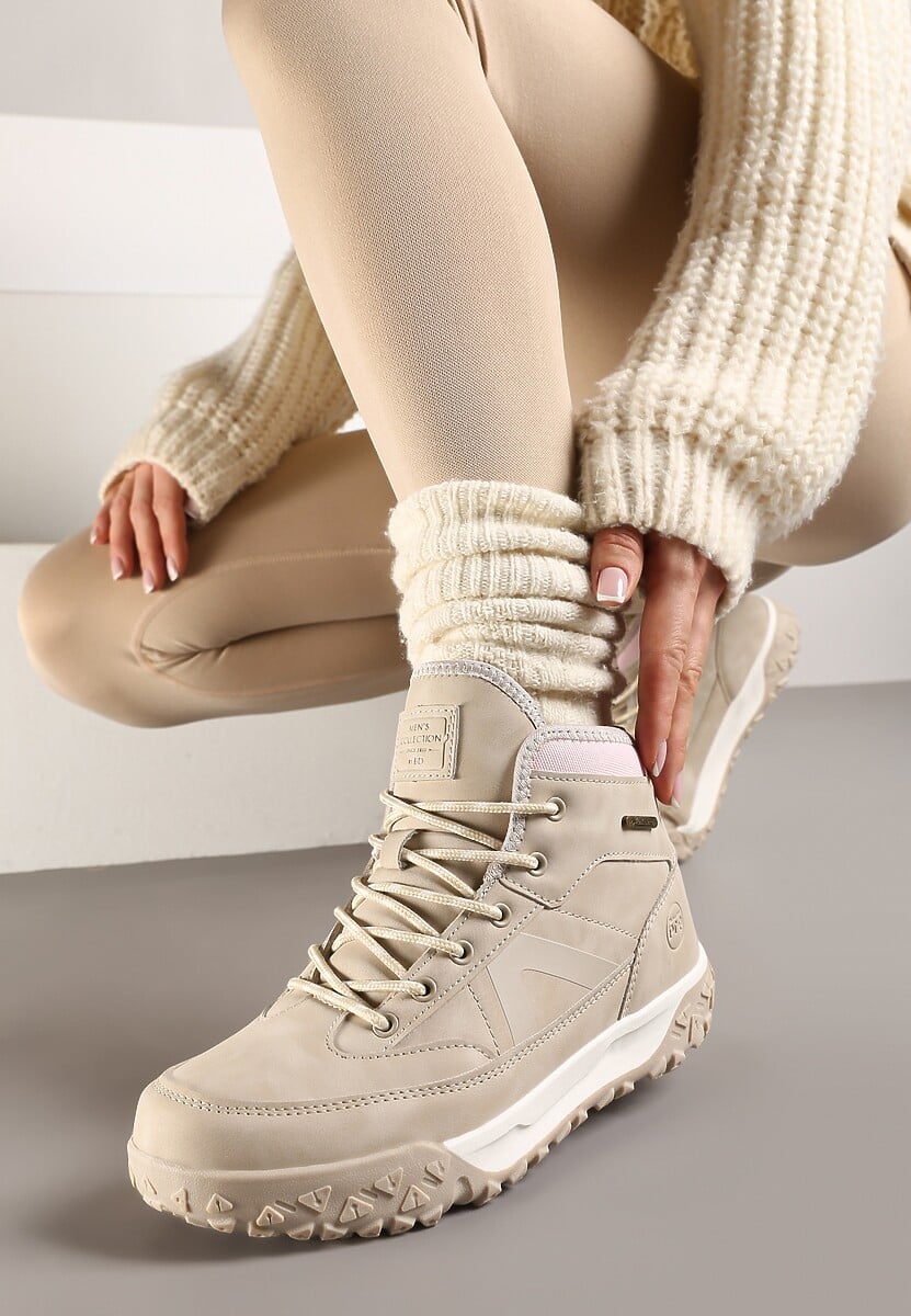 Beżowe Traperki ze Sznurowaniem i Grubą Podeszwą Ellithrina