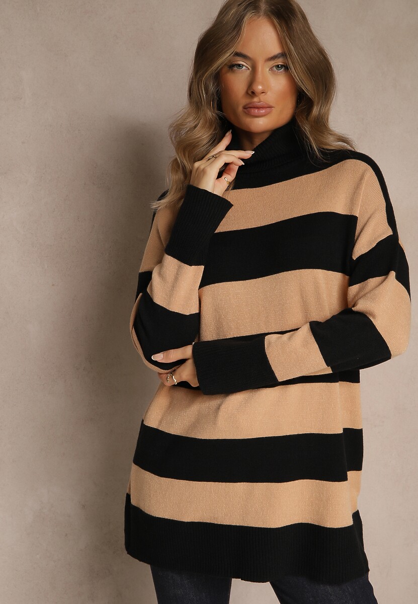 Czarno-Beżowy Golf Ozdobiony Paskami Raluna