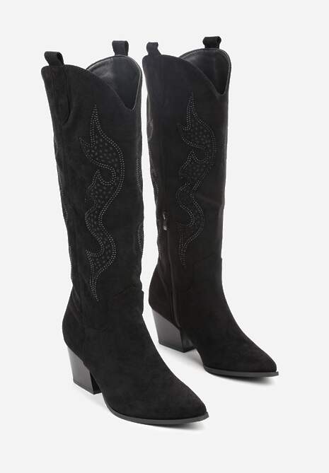 Czarne Kozaki Kowbojki na Stożkowym Obcasie Zdobione Cyrkoniami Nalasania