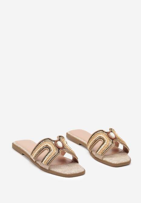 Brązowe Klapki w Stylu Boho z Ozdobnymi Kamieniami i Plecionką Dimly