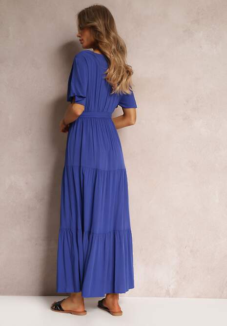 Granatowa Rozkloszowana Sukienka z Wiązanym Paskiem Adotine