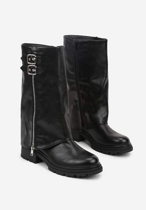 Czarne Botki z Wywiniętą Cholewką Zdobioną Suwakiem i Sprzączkami Eevea