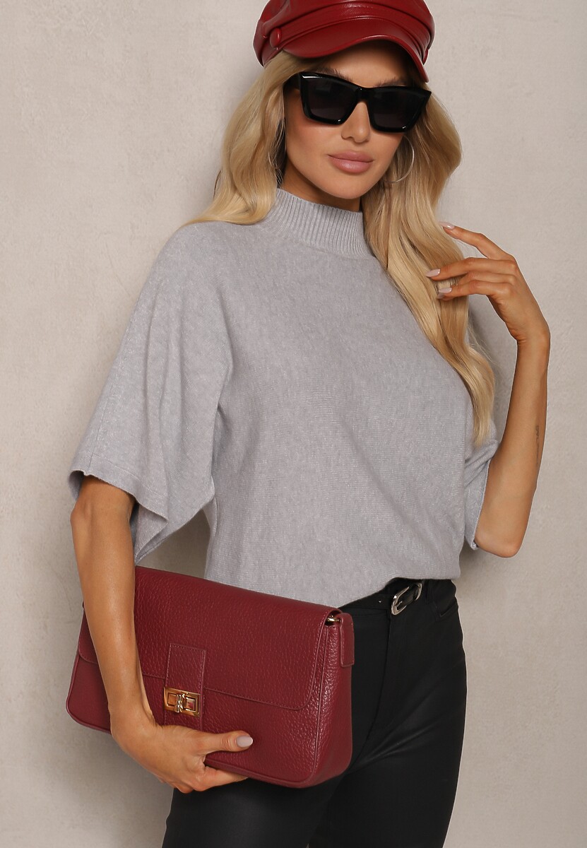 Szara Bluzka z Półgolfem i Krótkim Rękawem z Bawełną i Wiskozą w Stylu Nietoperza Ciastina