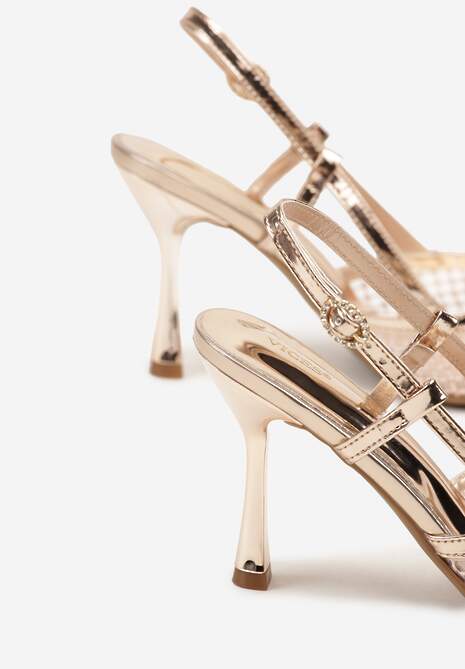 Szampańskie Sandały na Szpilce Vices z Siateczkową Cholewką z Cyrkoniami Liramire