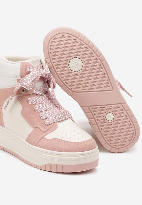 Różowe Sneakersy na Platformie z Wysoką Cholewką Ozdobione Perforacją Mivaria