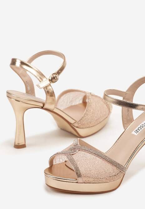 Szampańskie Sandały na Szpilce Ozdobione Motywem Cyrkonii i Koronki Fodinna