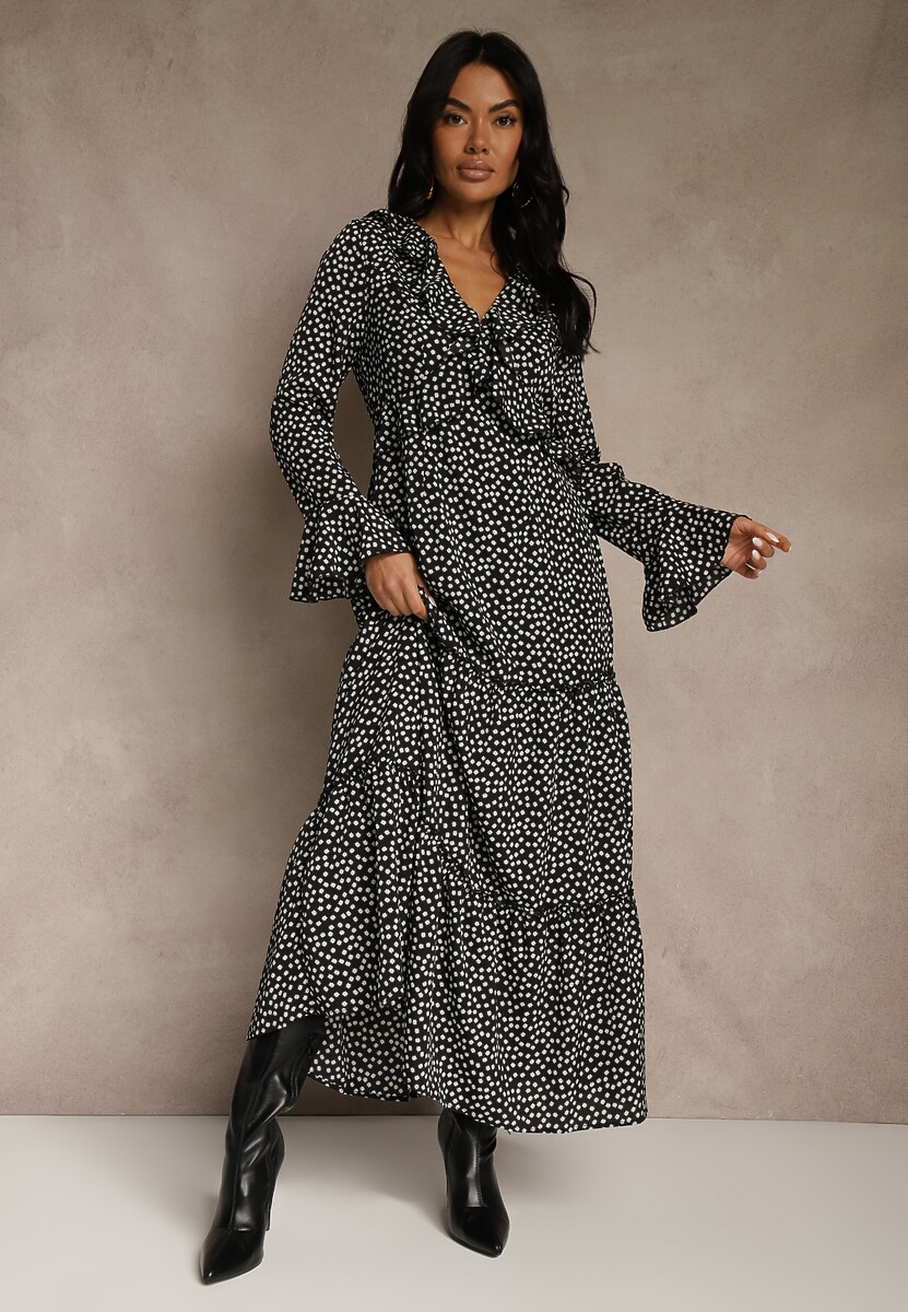 Czarna Sukienka VICES o Rozkloszowanym Fasonie z Falbankami Nevite