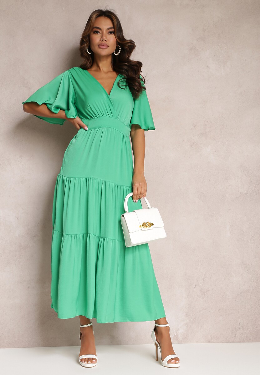 Zielona Sukienka Rozkloszowana z Falbankami i Odkrytymi Plecami Gallasia